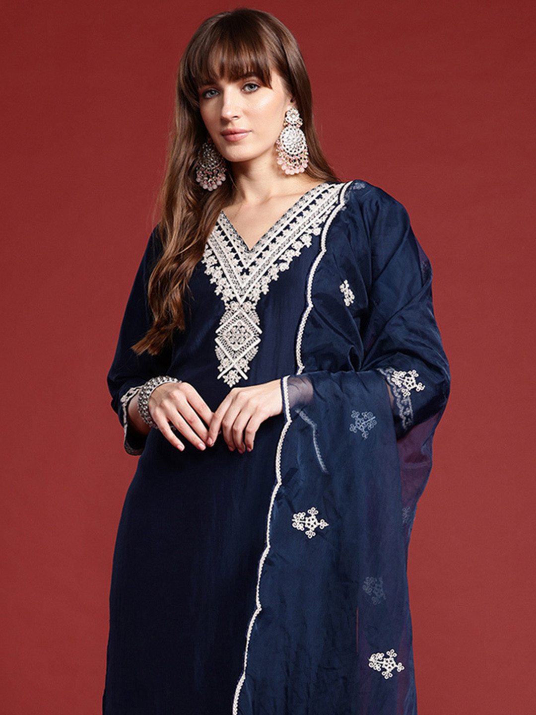 

Indo Era Ethnic Motifs Embroidered Lace Detailed Kurta & Trousers With Dupatta, Navy blue