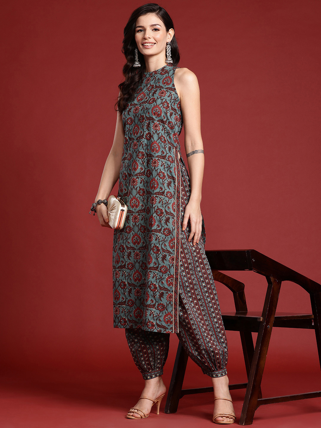 

Indo Era Ethnic Motifs Printed Regular Pure Cotton Kurta with Salwar, Teal