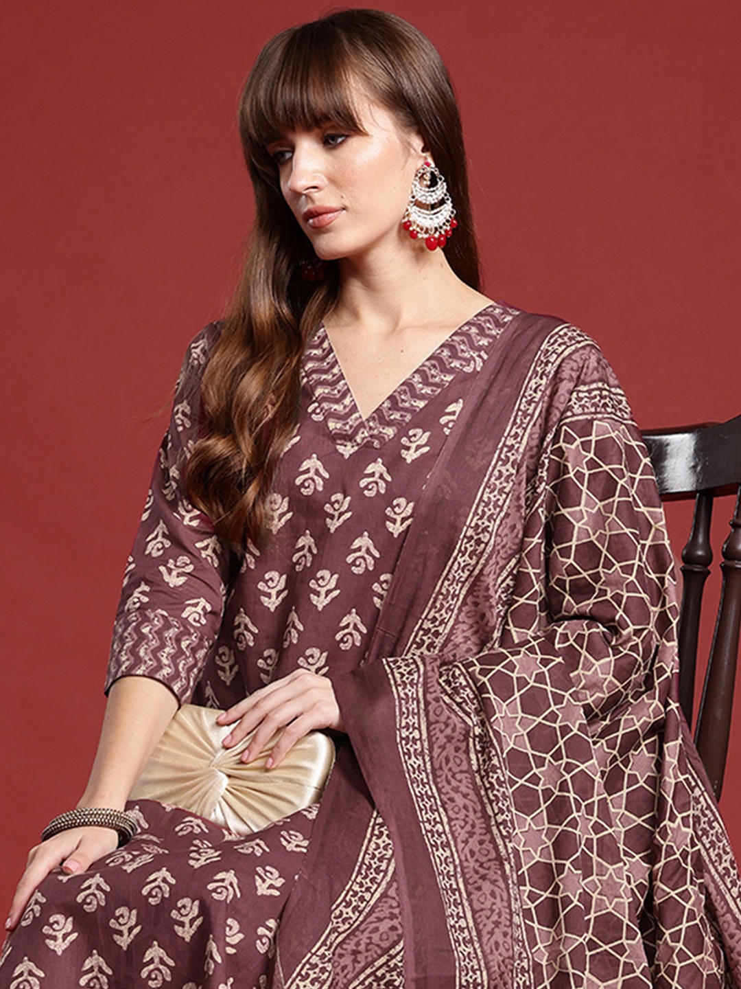 

Indo Era Ethnic Motifs Printed Pure Cotton Kurta With Salwar & Dupatta, Burgundy