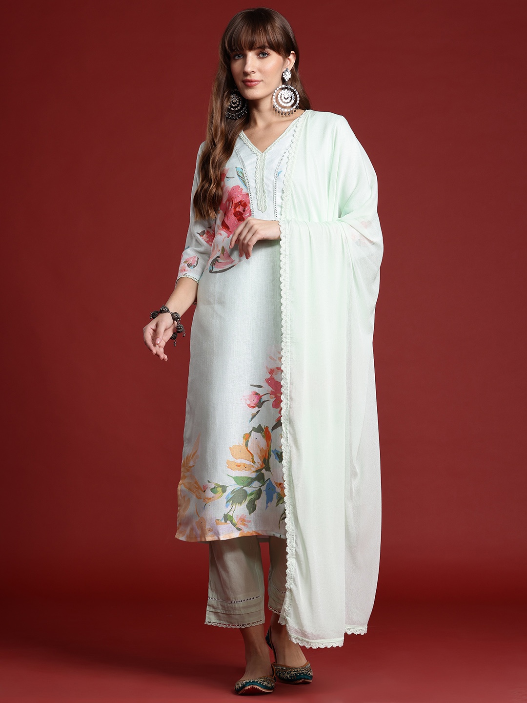 

Indo Era Floral Printed Linen Kurta With Trousers & Dupatta, Sea green
