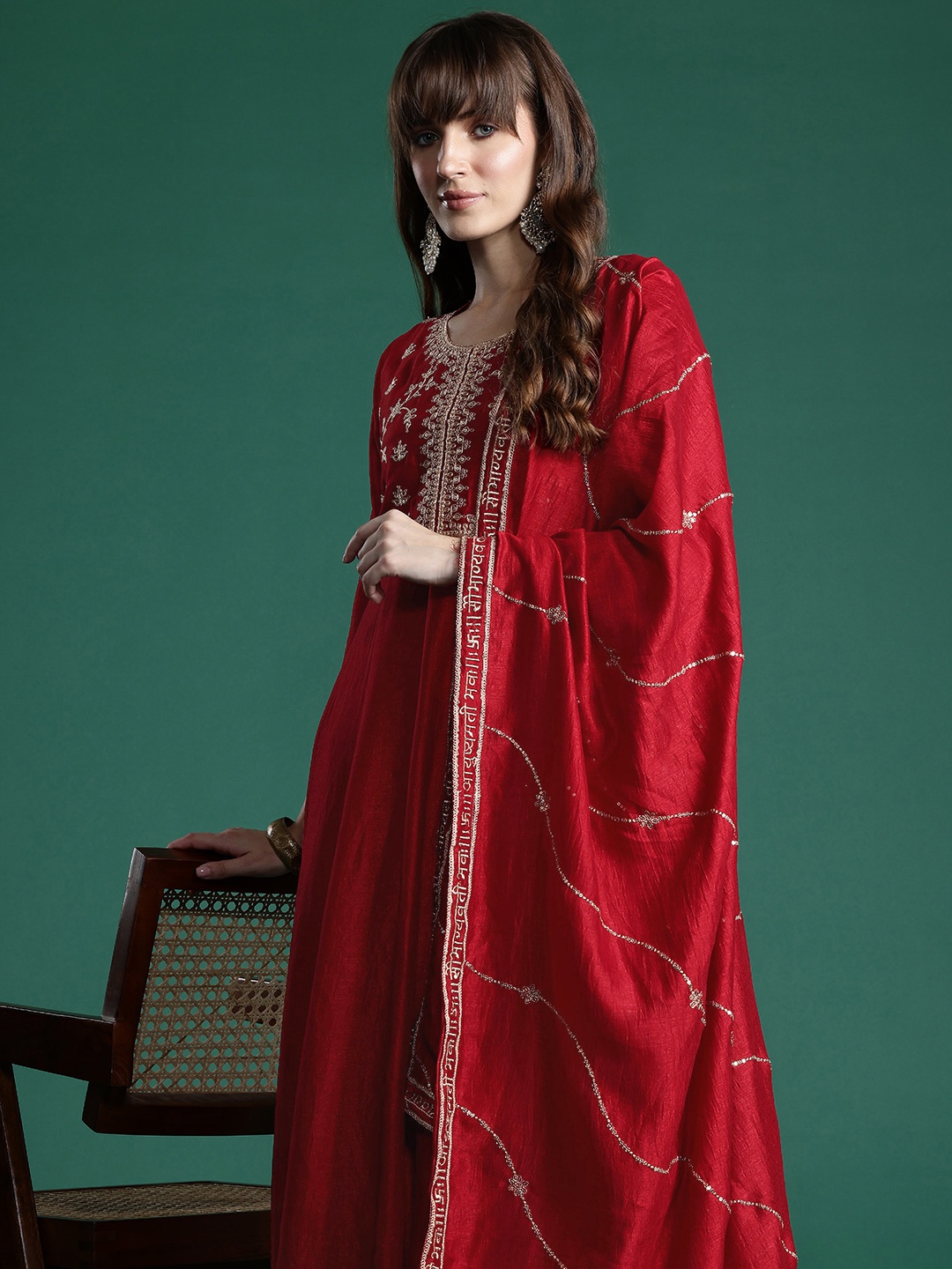 

Indo Era Ethnic Motifs Zari Embroidered Kurta With Trousers & Dupatta, Red