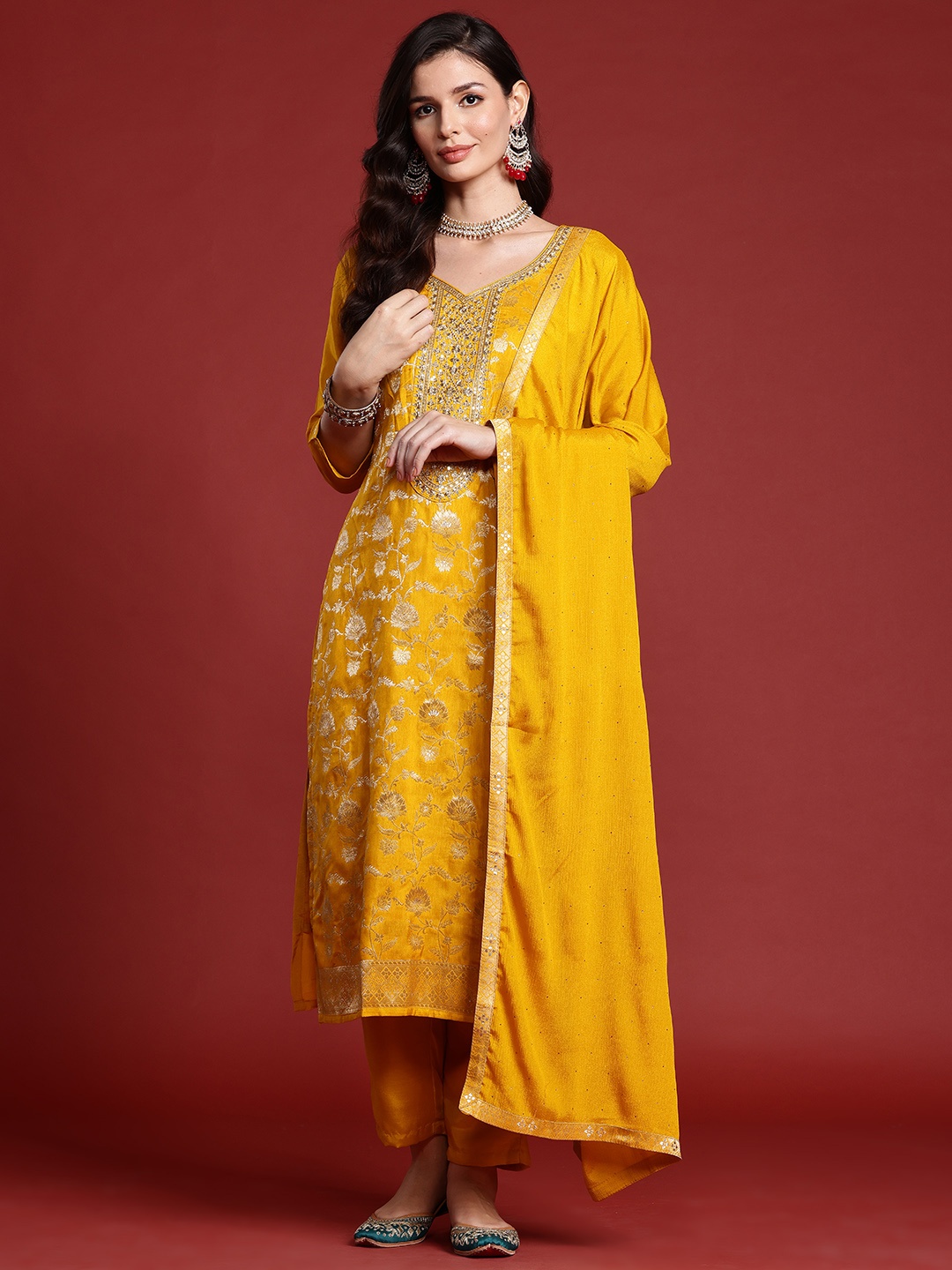

Indo Era Floral Embroidered Zari Kurta With Trousers & Dupatta, Yellow