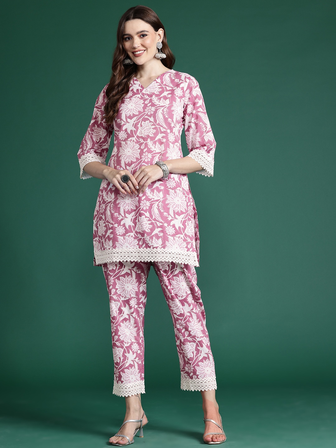 

Indo Era Floral Printed Pure Cotton Tunic With Trousers, Mauve