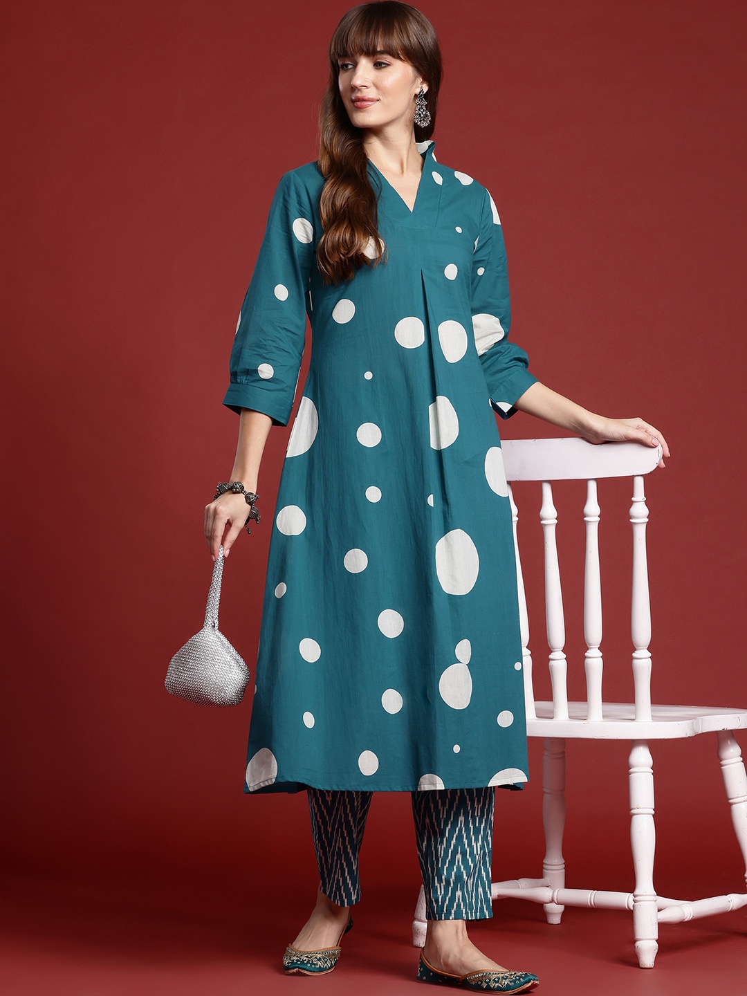 

Indo Era Printed Pleated Pure Cotton Kurta with Trousers, Teal