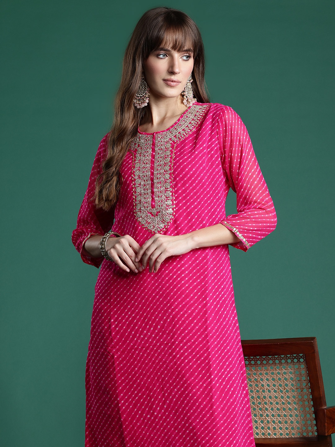 

Indo Era Leheriya Printed Zari & Sequin Embroidered Gota Detailed Straight Georgette Kurta, Pink