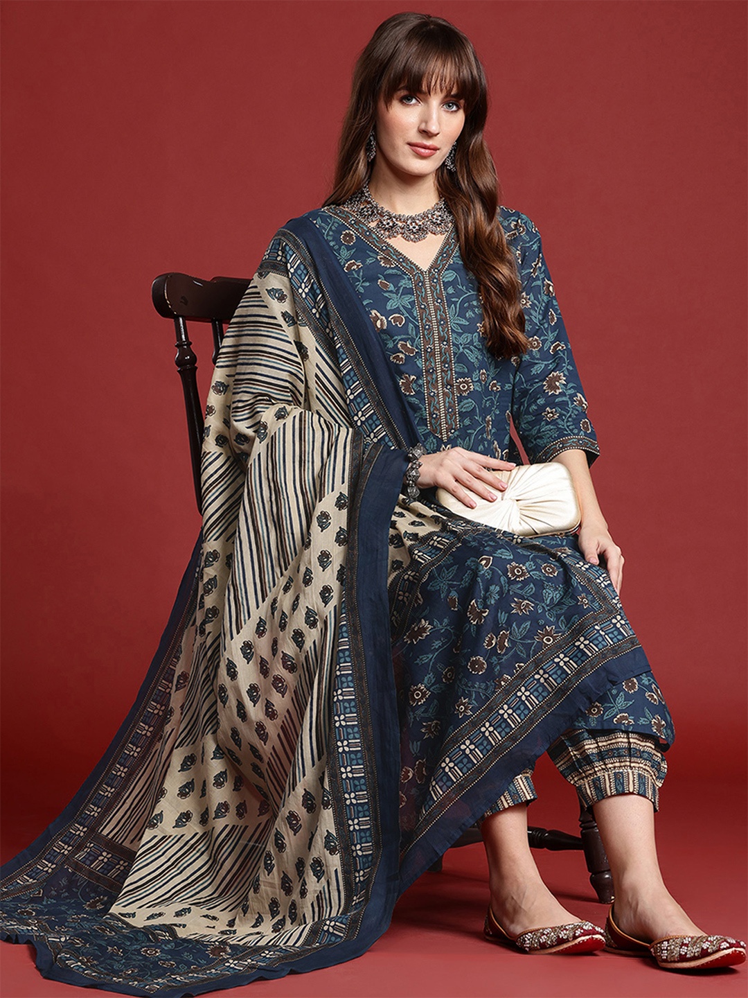 

Indo Era Floral Printed Pure Cotton Kurta With Salwar & Dupatta, Teal