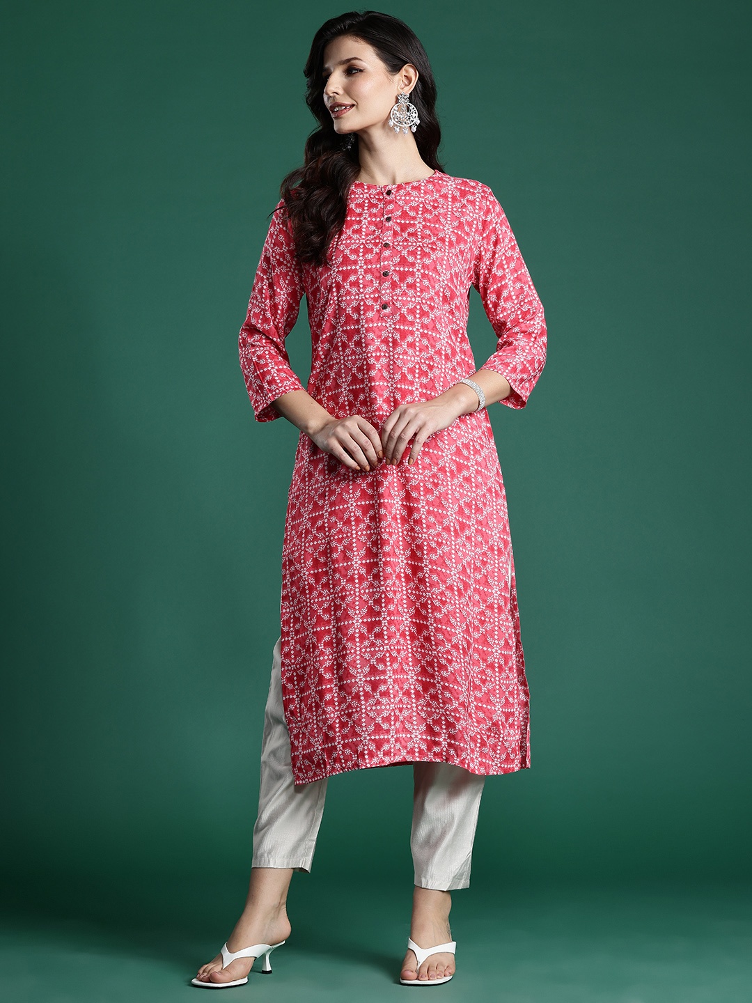 

Indo Era Round Neck Half-Button Closure Bandhani Printed Straight Kurta, Red
