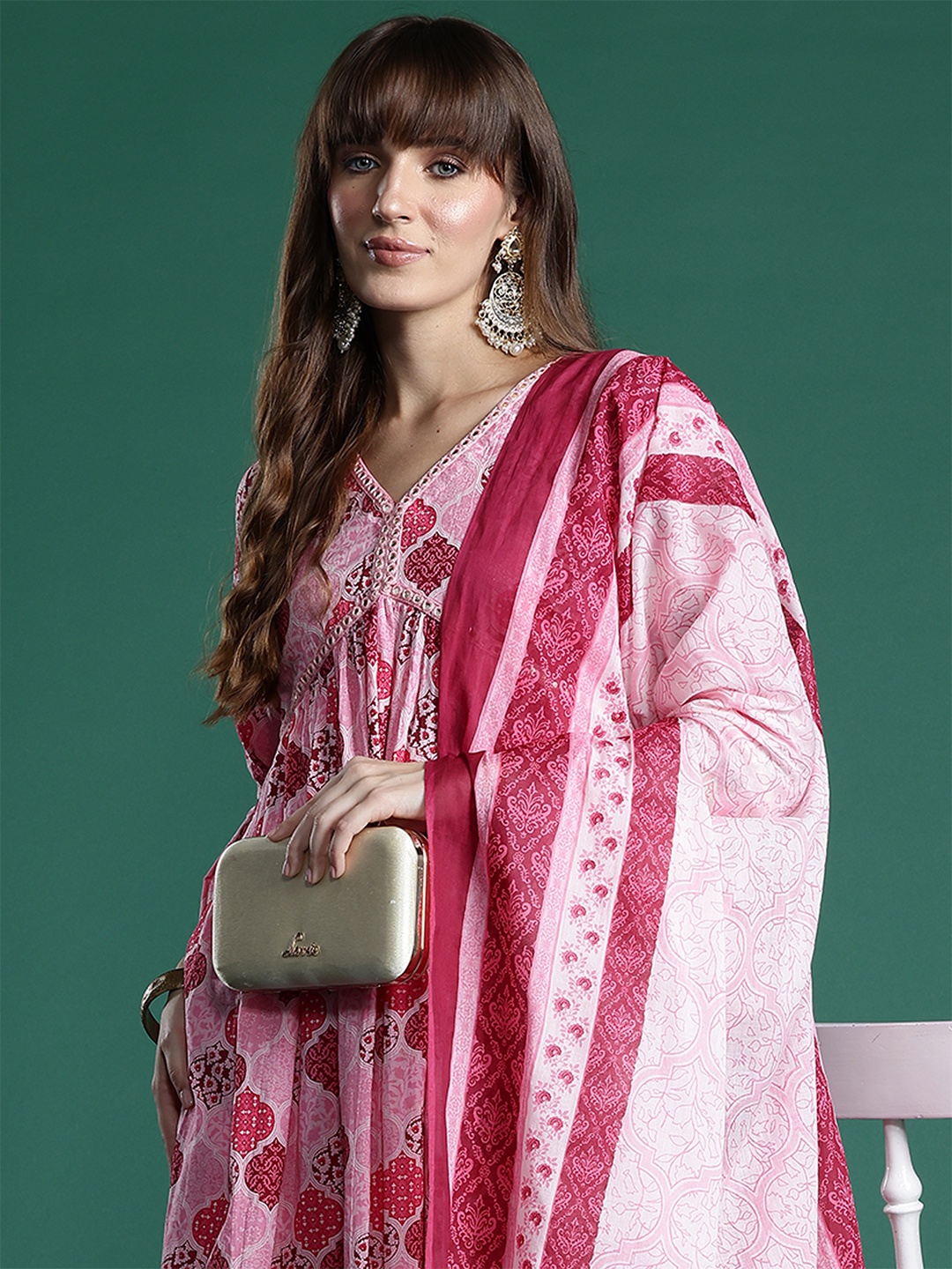 Indo Era Ethnic Motifs Printed Empire Mirror Work Pure Cotton Kurta Set, Pink