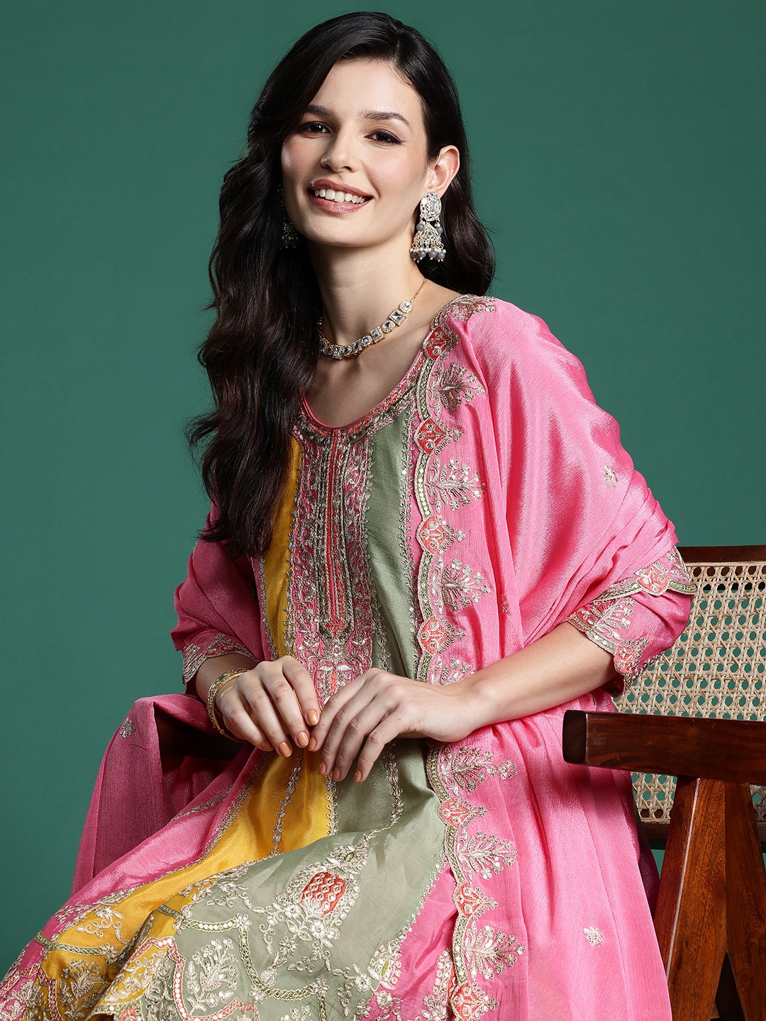 

Indo Era Ethnic Motifs Embroidered Panelled Sequinned Kurta With Palazzos & Dupatta, Pink