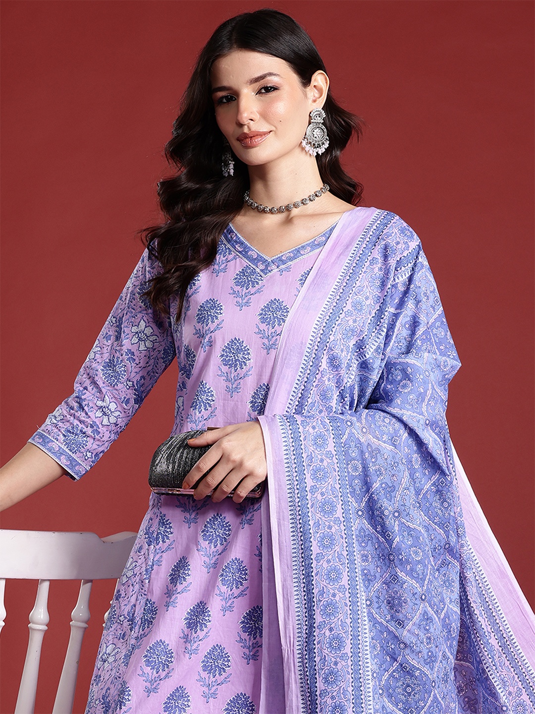 

Indo Era Floral Printed Pure Cotton Kurta with Trousers & Dupatta, Lavender