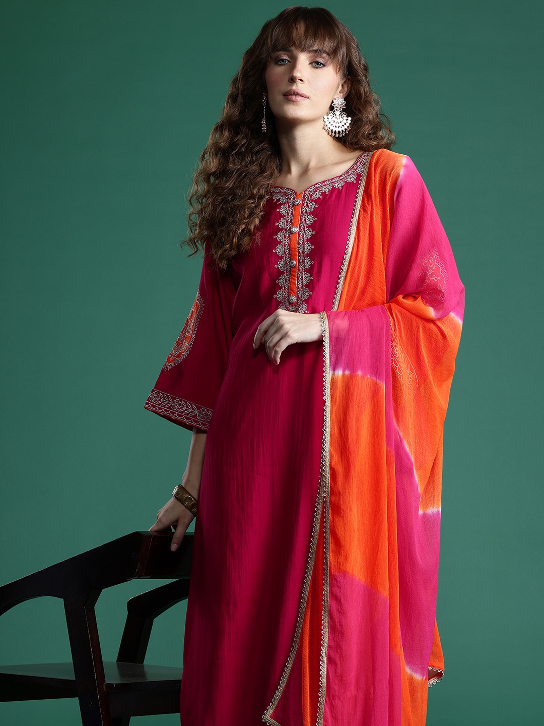 

Indo Era Ethnic Motifs Embroidered Zari Kurta With Trousers & Dupatta, Magenta