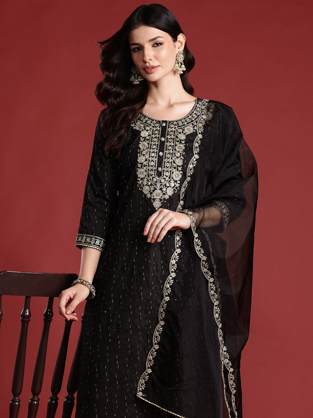 

Indo Era Floral Embroidered Sequinned Liva Kurta with Trousers & Dupatta, Black