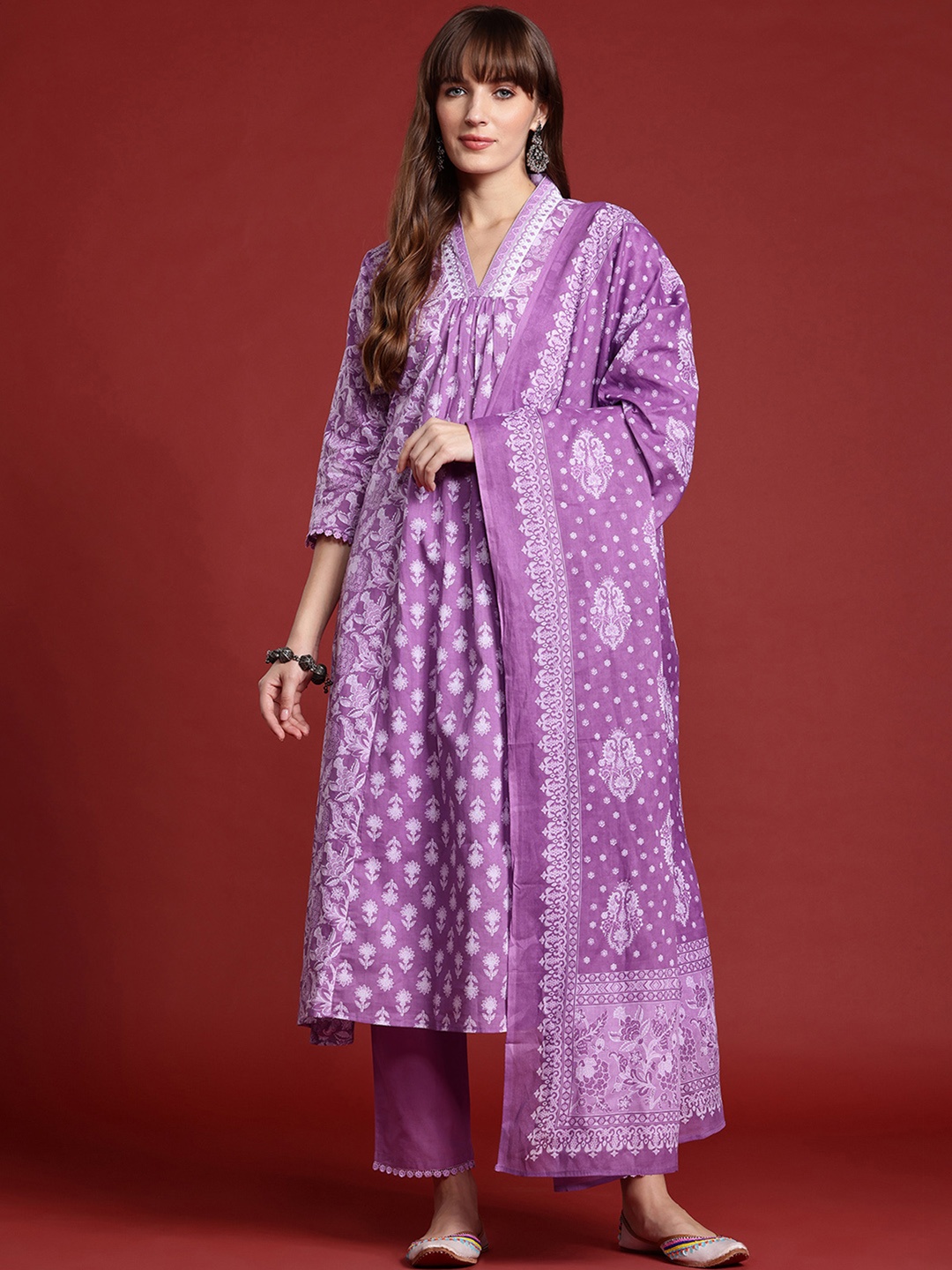 

Indo Era Floral Printed Pleated Pure Cotton Kurta With Trousers & Dupatta, Lavender