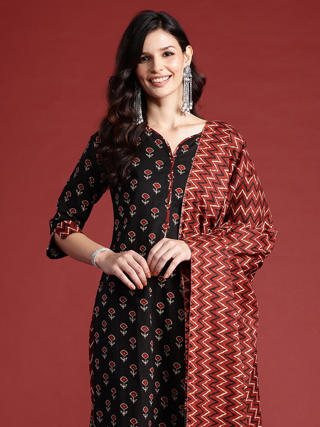 

Indo Era Ethnic Motifs Printed Pure Cotton Kurta With Trousers & Dupatta, Black