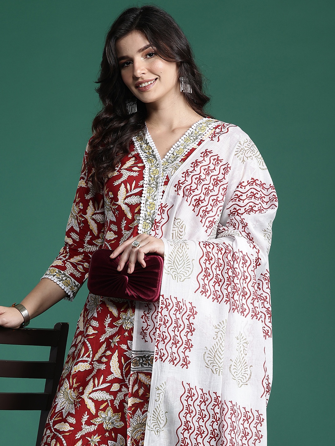 

Indo Era Floral Printed Pure Cotton Kurta With Trousers & Dupatta, Maroon