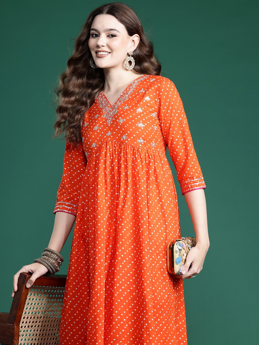 

Indo Era Bandhani Embroidered Empire Pure Cotton Kurta with Trousers, Orange