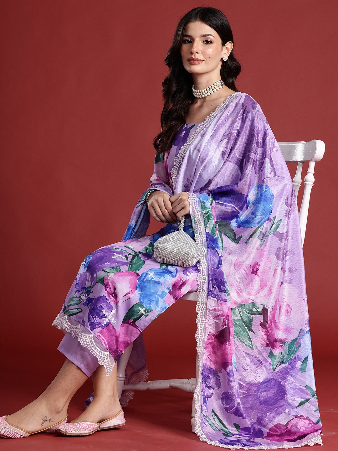 Indo Era Floral Printed Thread Work Kurta with Trousers & Dupatta, Lavender