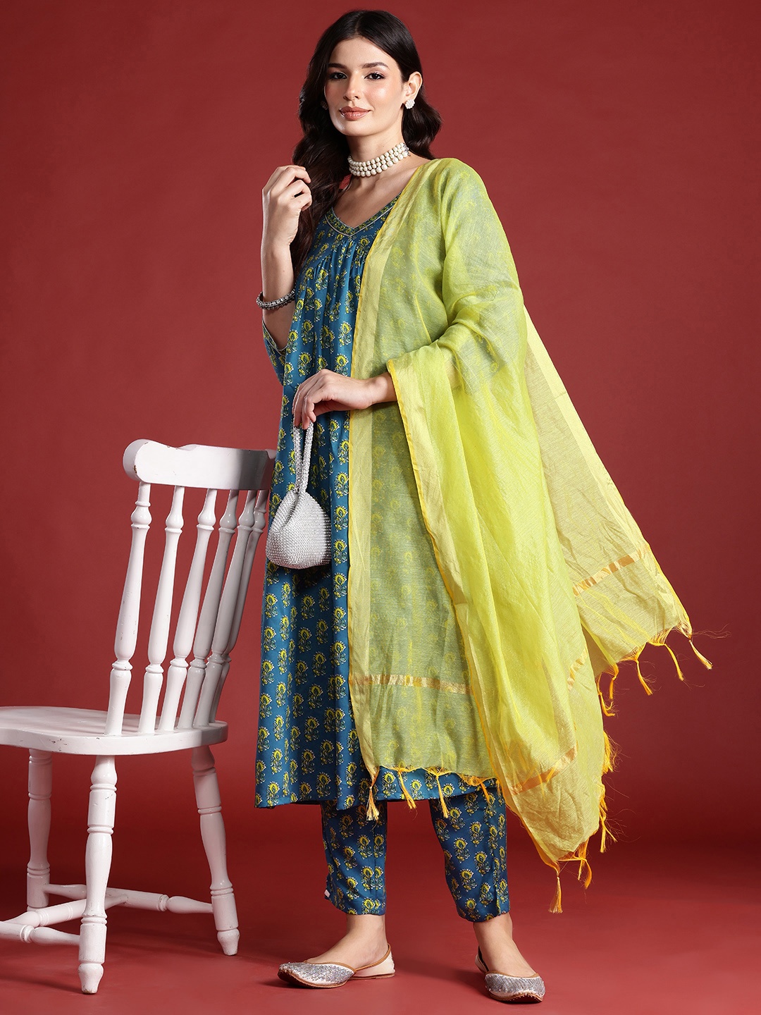 

Indo Era Floral Embroidered Empire Kurta with Trousers & Dupatta, Teal