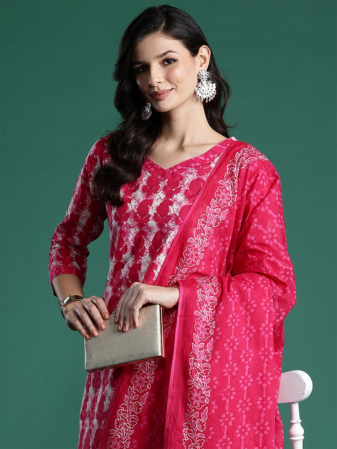 

Indo Era Ethnic Motifs Printed Pure Cotton Kurta With Trousers & Dupatta, Pink