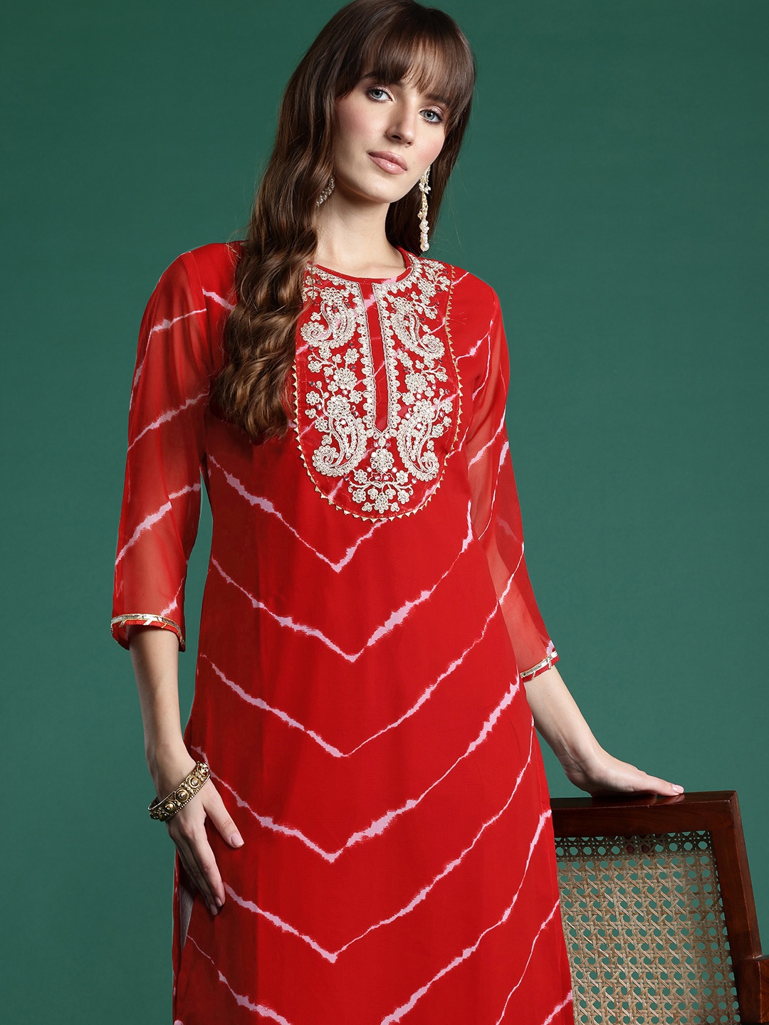 

Indo Era Leheriya Print Zari & Mirror Embroidered Straight Georgette Kurta, Red