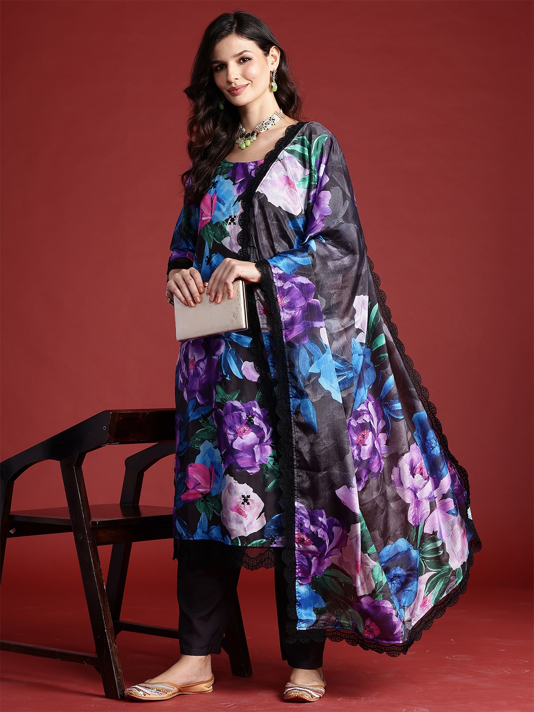 

Indo Era Floral Printed Sequinned Kurta With Trousers & Dupatta, Black