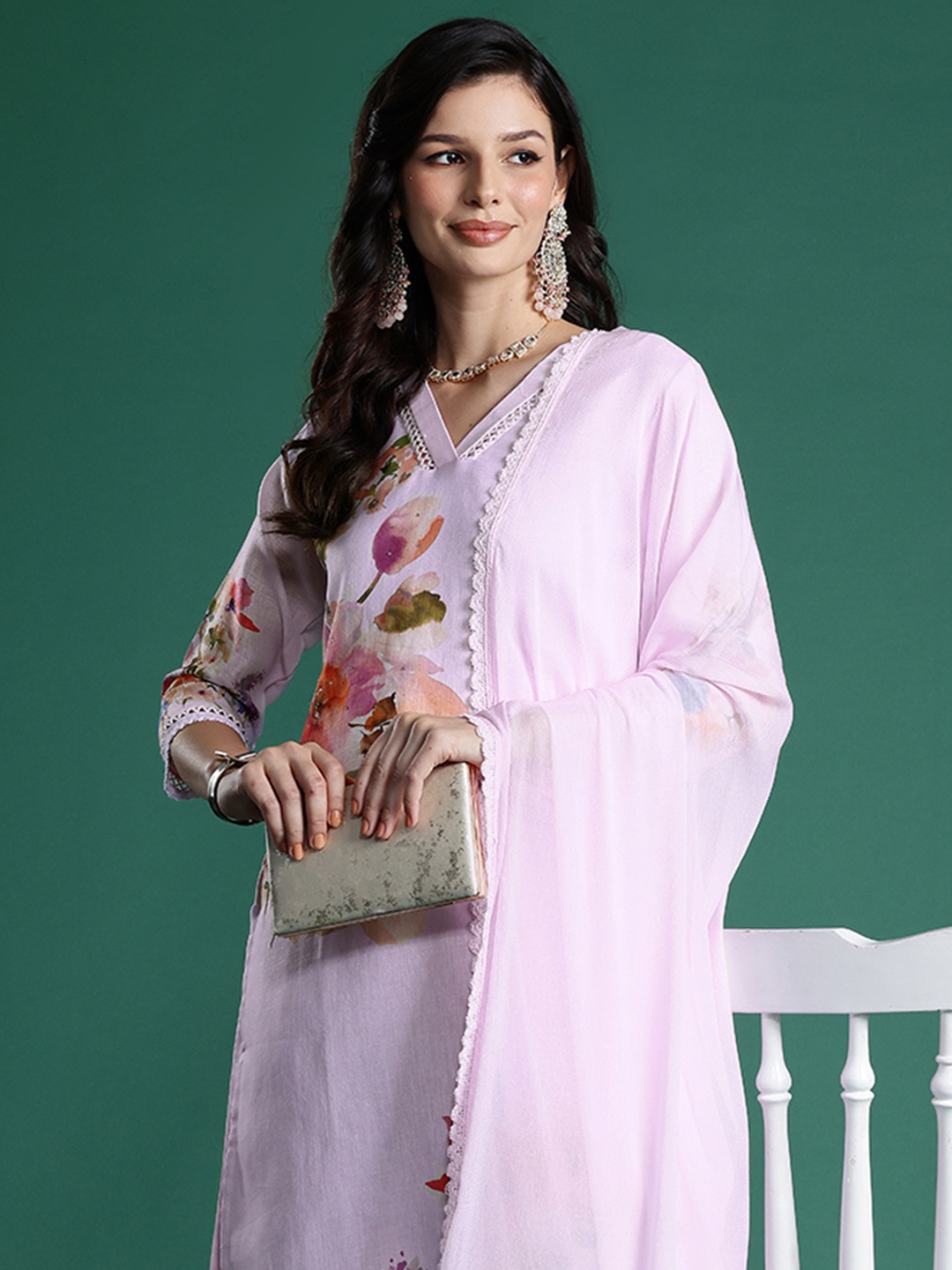 

Indo Era Floral Printed Linen Kurta With Trousers & Dupatta, Pink