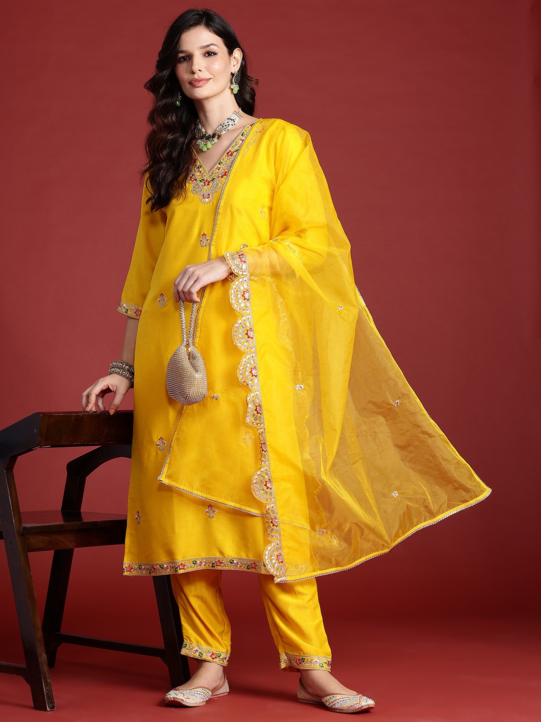 

Indo Era Ethnic Motifs Embroidered Sequinned Kurta With Trousers & Dupatta, Yellow