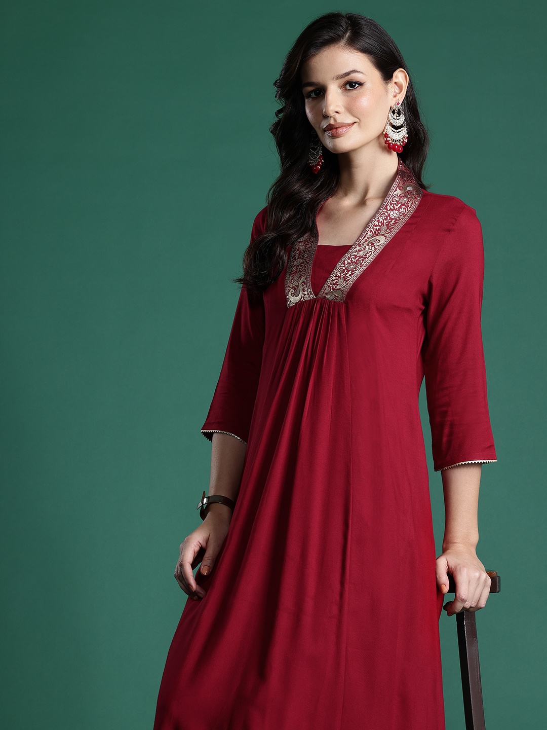 

Indo Era Ethnic Motifs Zari Pleated Kurta with Trousers, Maroon