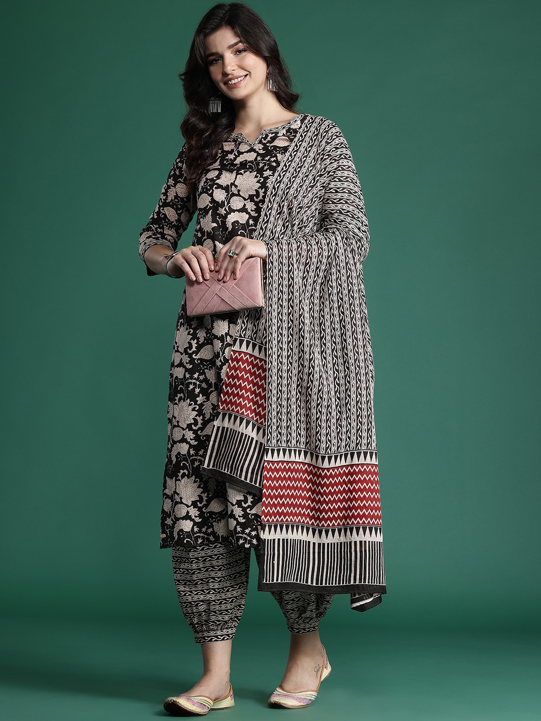 

Indo Era Floral Printed Pure Cotton Kurta with Salwar & With Dupatta, Black