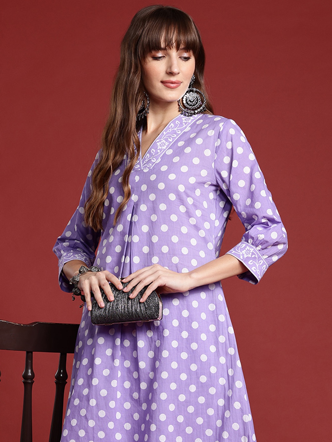 

Indo Era Printed Pleated Pure Cotton Kurta with Trousers, Lavender