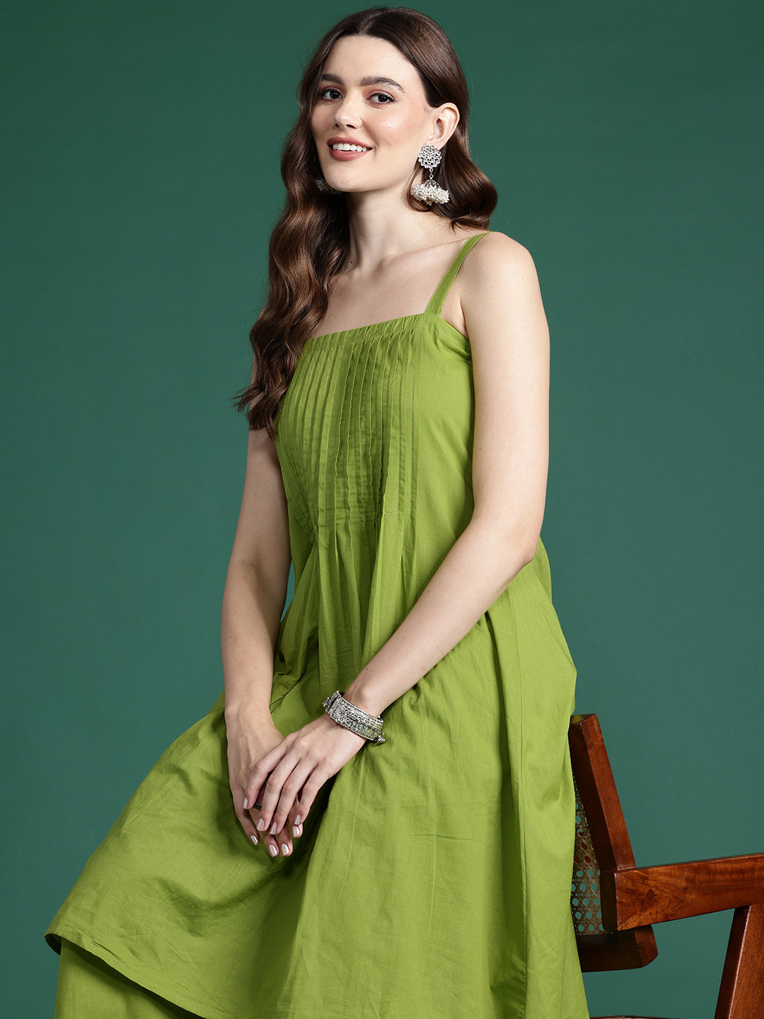 

Indo Era Pure Cotton Tunic With Palazzos, Green