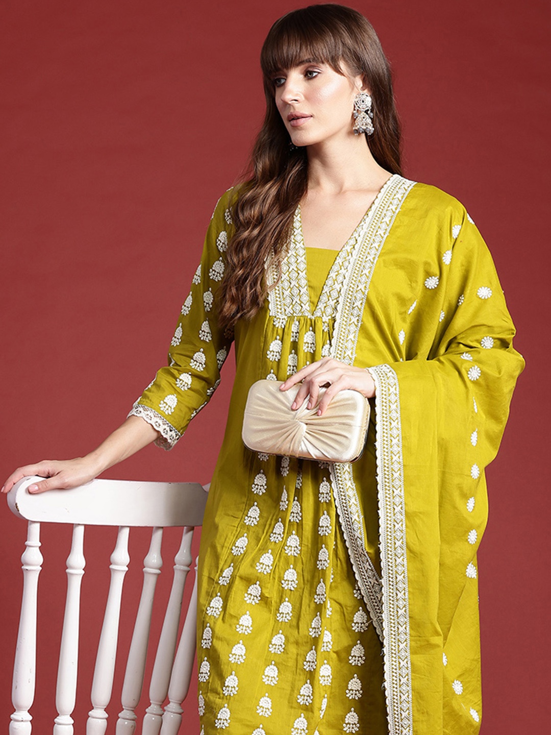 

Indo Era Ethnic Motifs Embroidered Pleated Thread Work Pure Cotton Kurta Set, Green