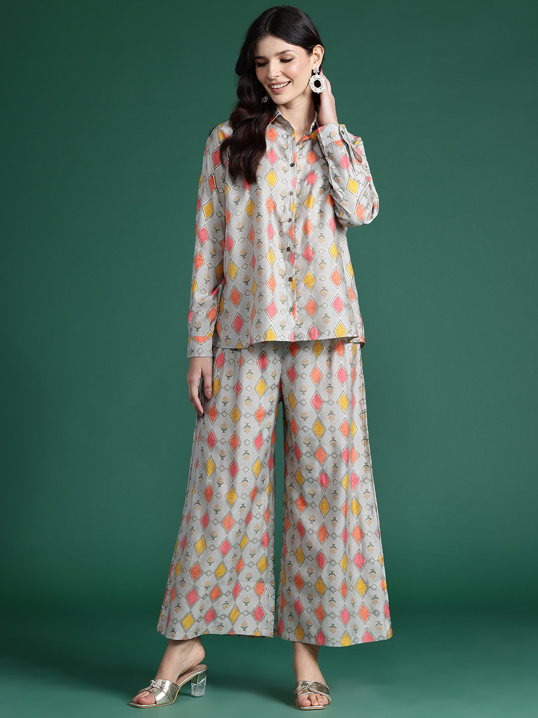 

Indo Era Printed Shirt With Palazzos, Grey