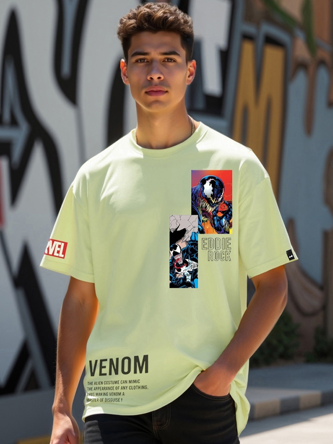 

Bewakoof Men Graphic Printed Round Neck Pure Cotton Oversized T-shirt, Green