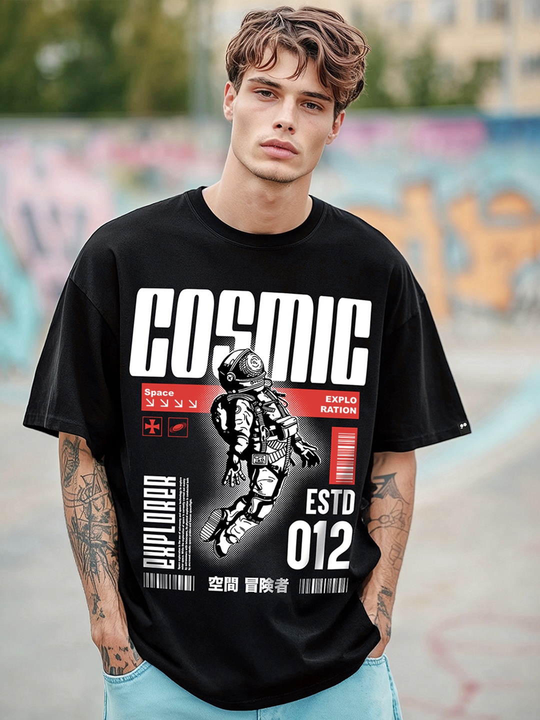 

Bewakoof Men Graphic Printed Round Neck Pure Cotton Oversized T-shirt, Black