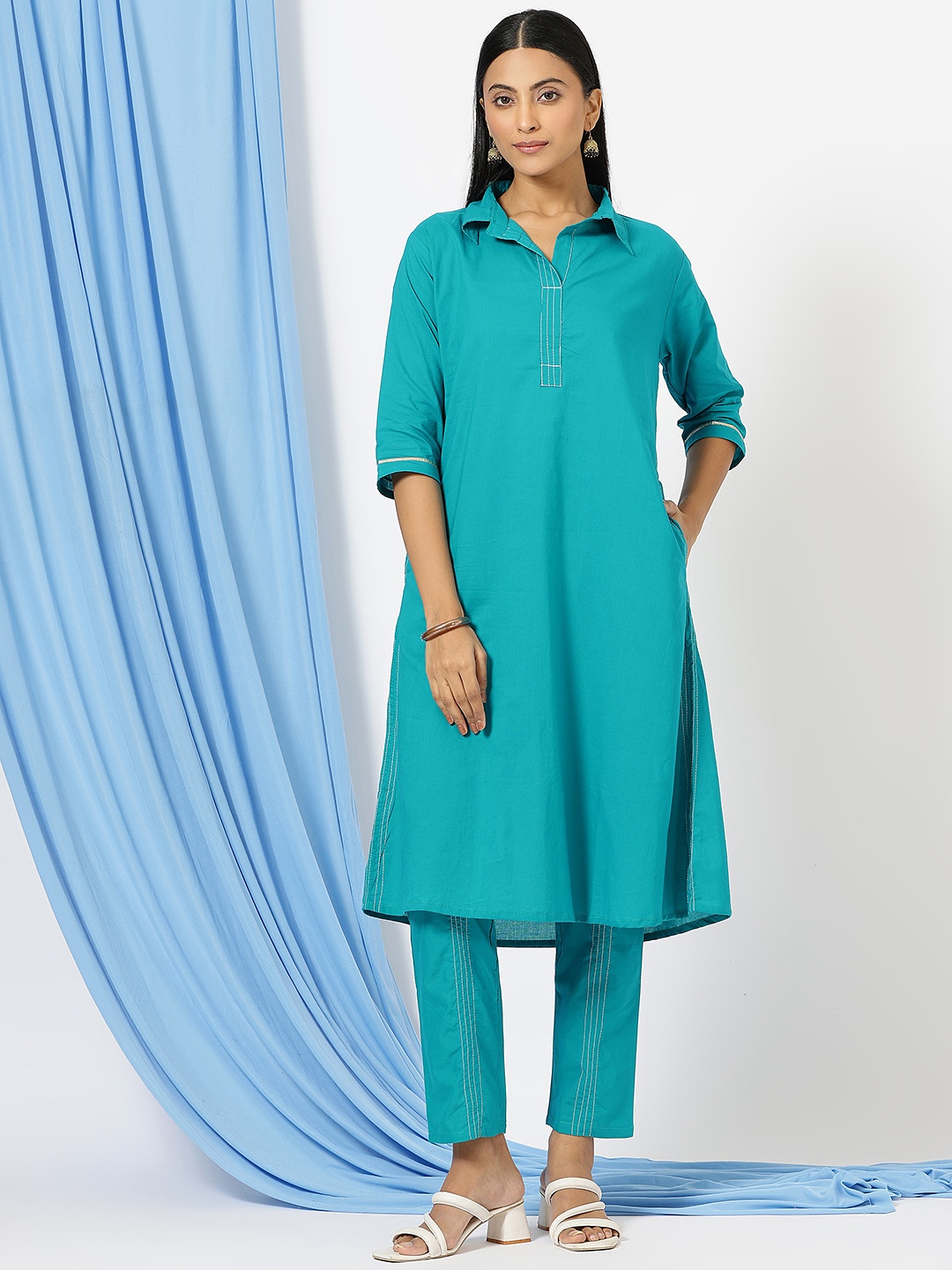 

Anushil Shirt Collar Tunic With Trousers, Blue