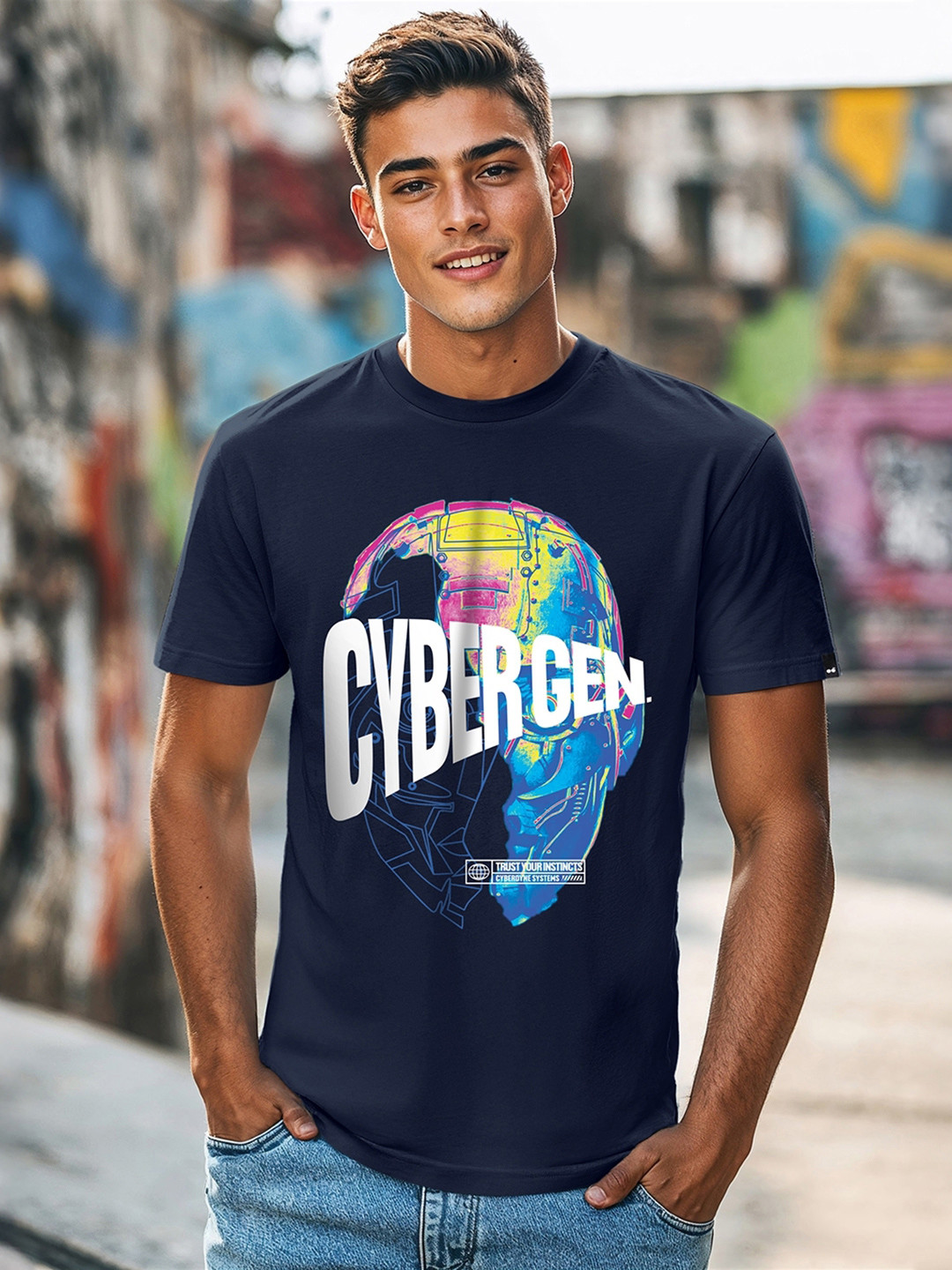 

Bewakoof Men Cyber Gen Graphic Pure Cotton Printed T-shirt, Blue