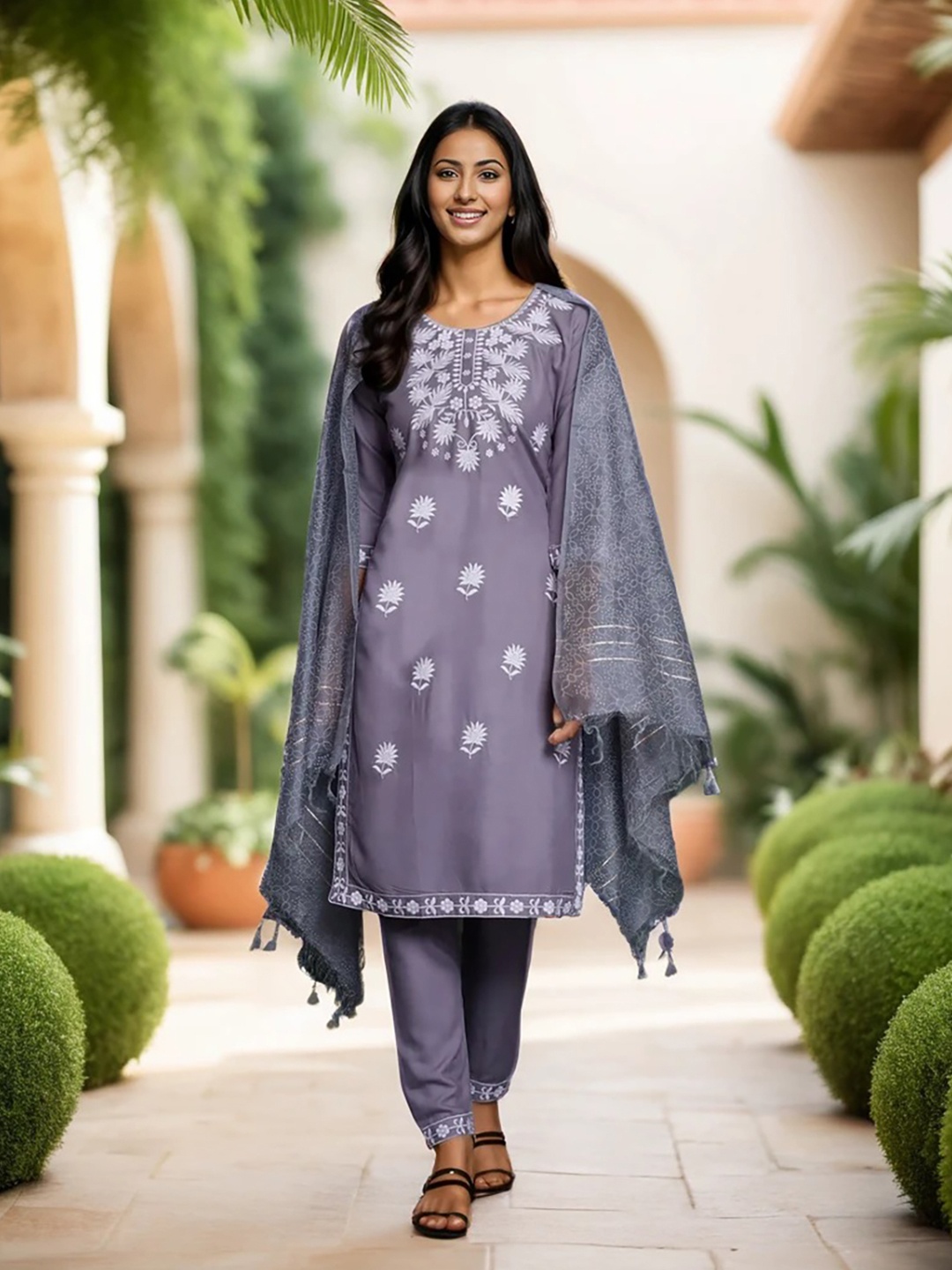 

KALINI Floral Embroidered Regular Sequinned Straight Kurta with Trousers & Dupatta, Grey