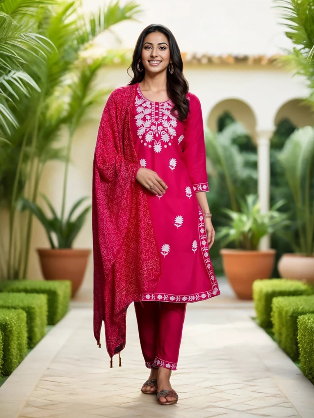 

KALINI Floral Embroidered Thread Work Kurta with Trousers & Dupatta, Pink