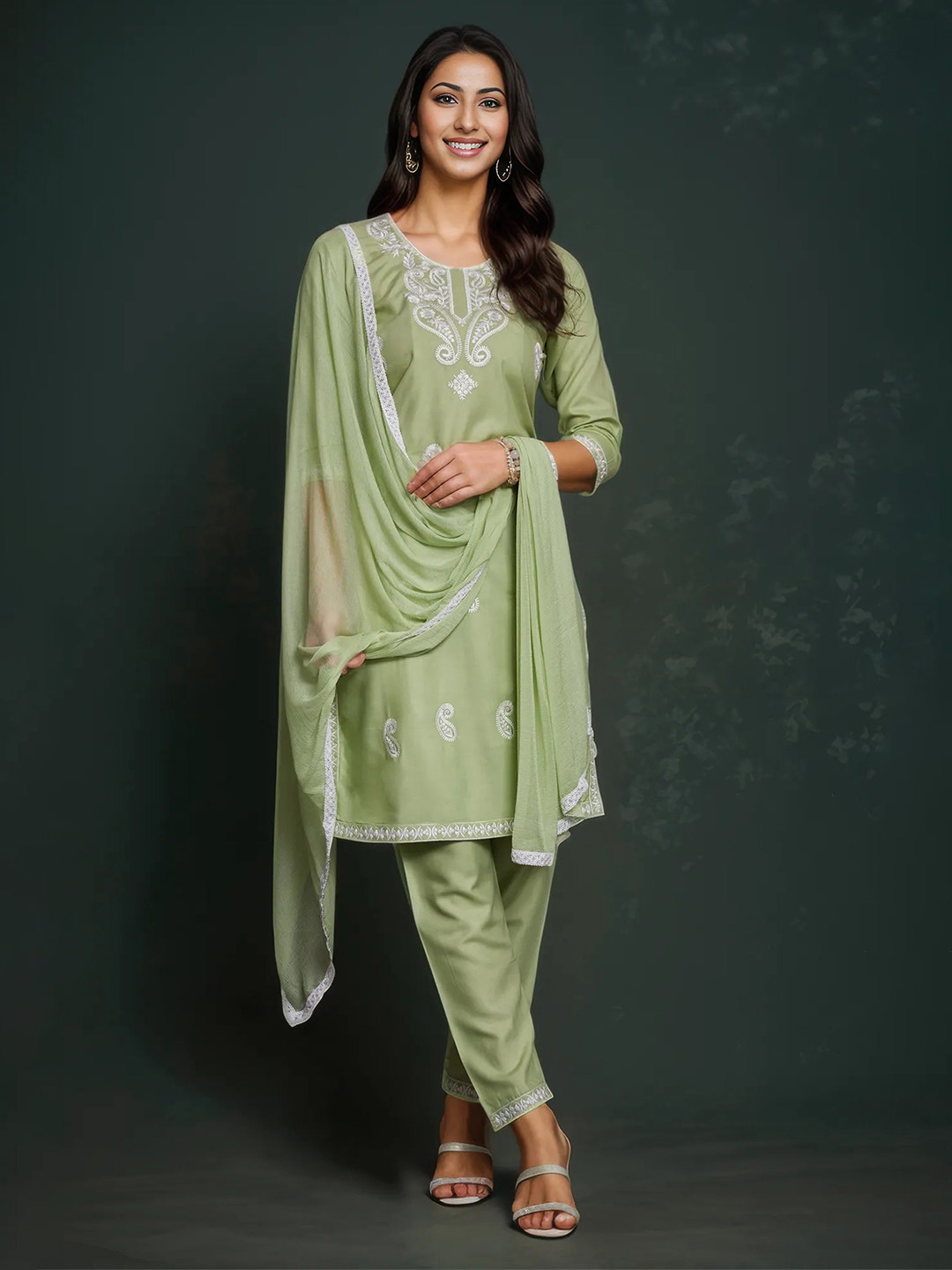KALINI Floral Embroidered Thread Work Kurta with Trousers & Dupatta, Green