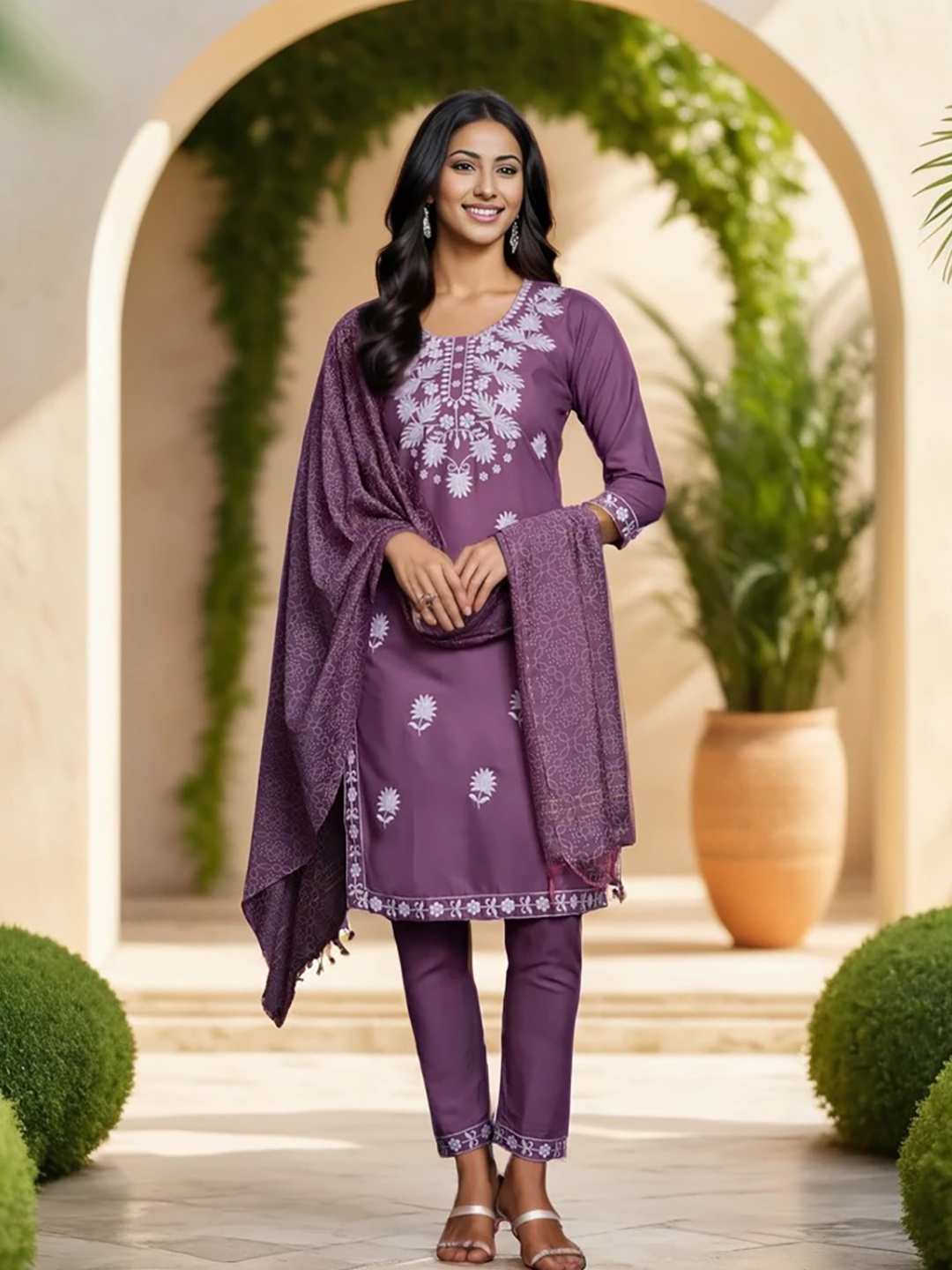 

KALINI Floral Embroidered Sequinned Straight Kurta With Trousers & Dupatta, Purple