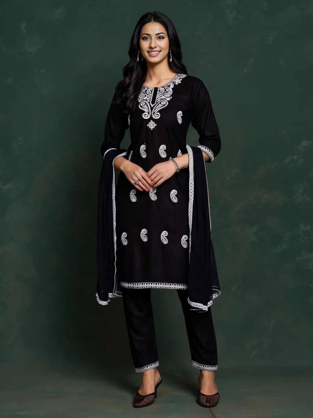 

KALINI Paisley Embroidered Sequinned Straight Kurta with Trousers & Dupatta, Black