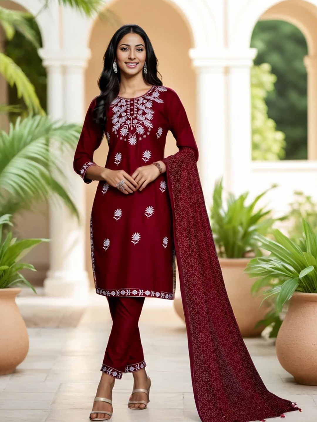 

KALINI Floral Embroidered Regular Thread Work Kurta with Trousers & With Dupatta, Red