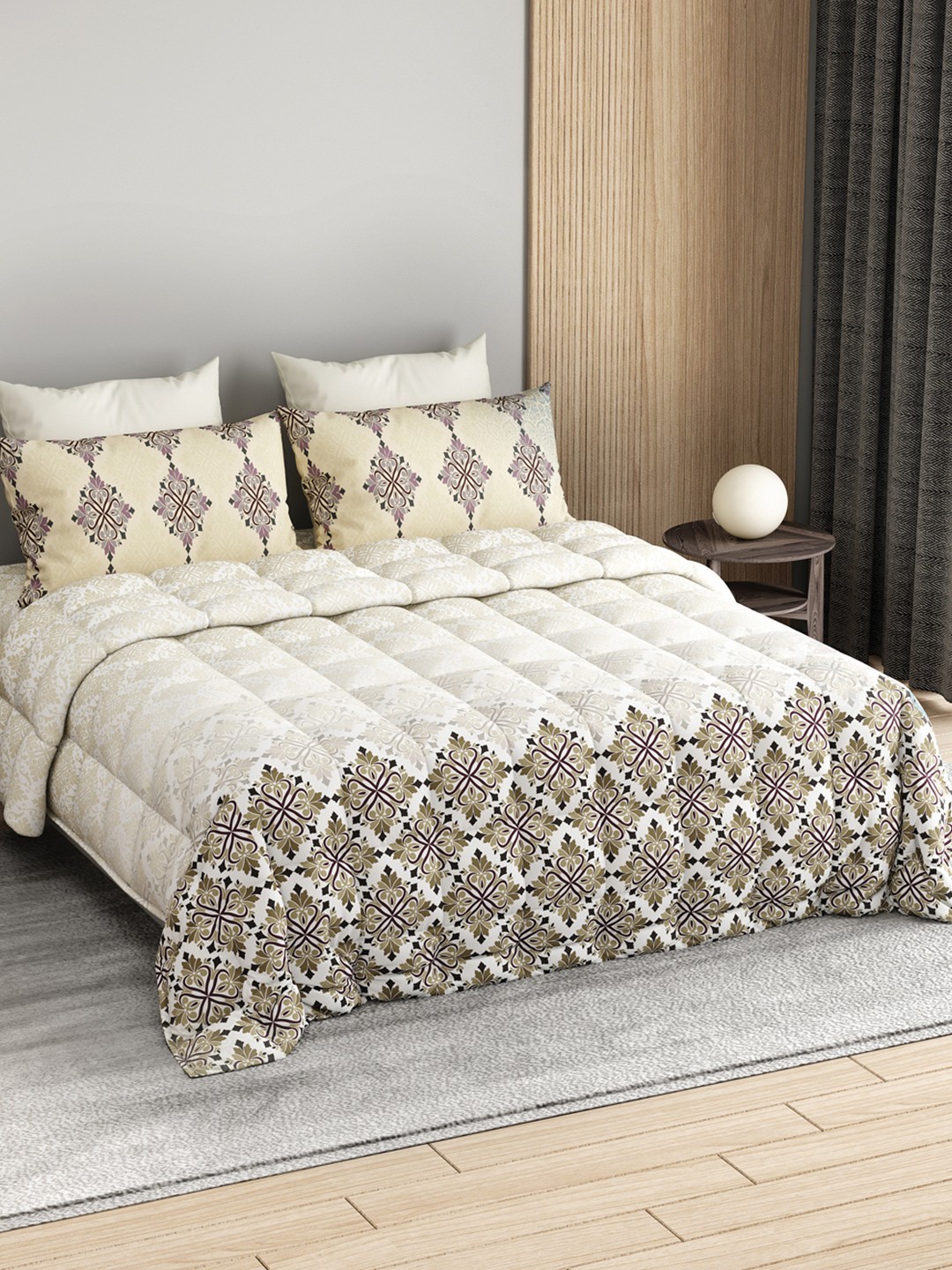 

LABHAM Cream-Coloured & White Printed Self Design Cotton Double King Superfine Bedding Set