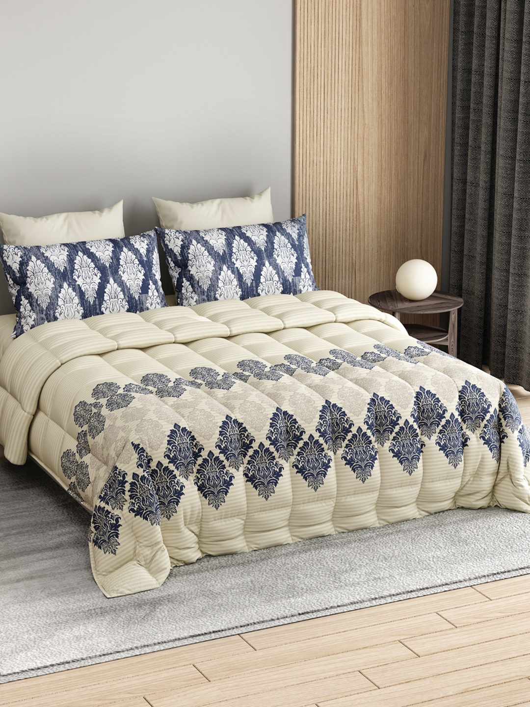 

LABHAM Beige & Blue Floral Printed Pure Cotton Double King Superfine Bedding Set