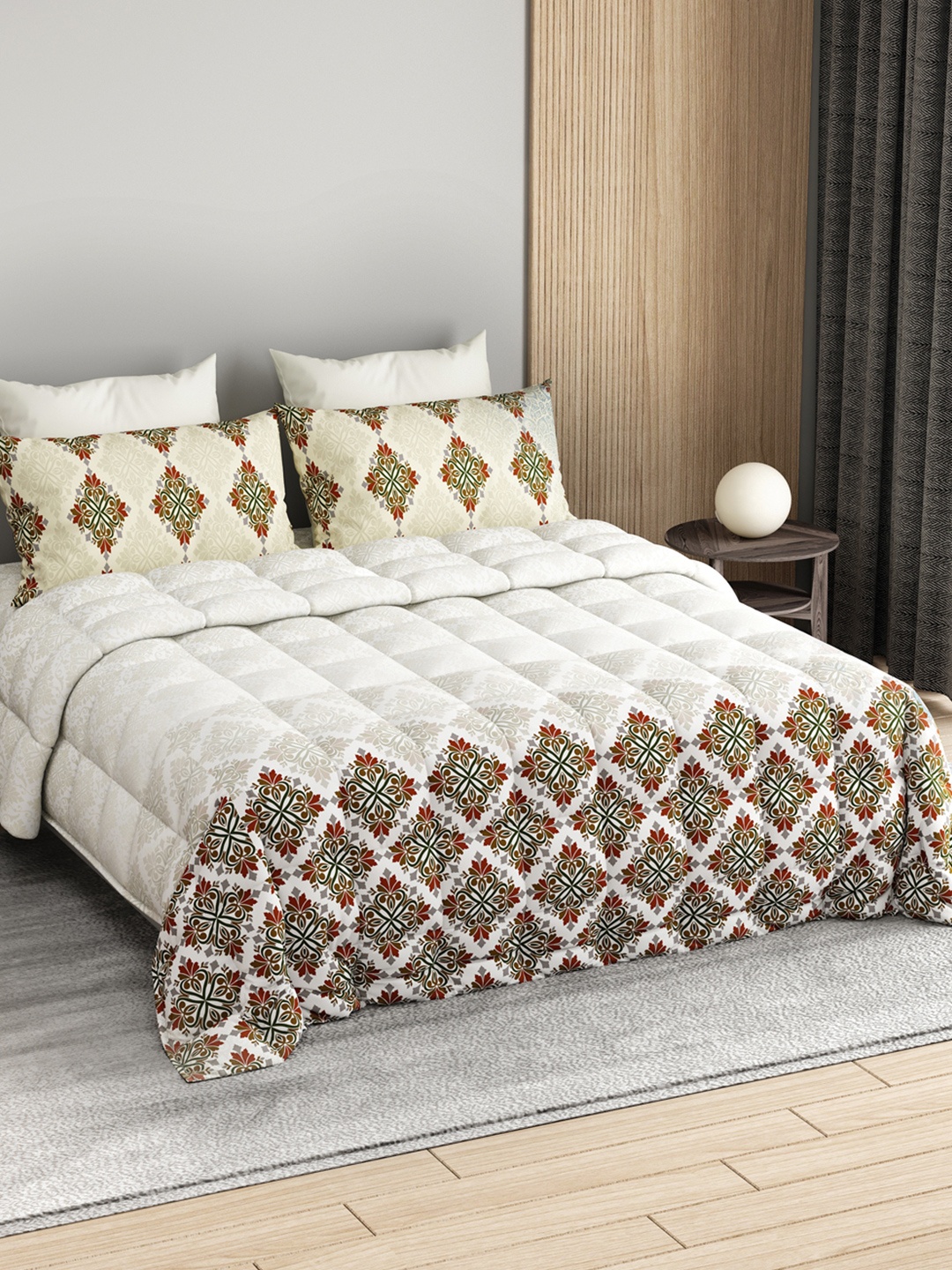 

LABHAM White & Green Floral Printed Pure Cotton Double King Superfine Bedding Set