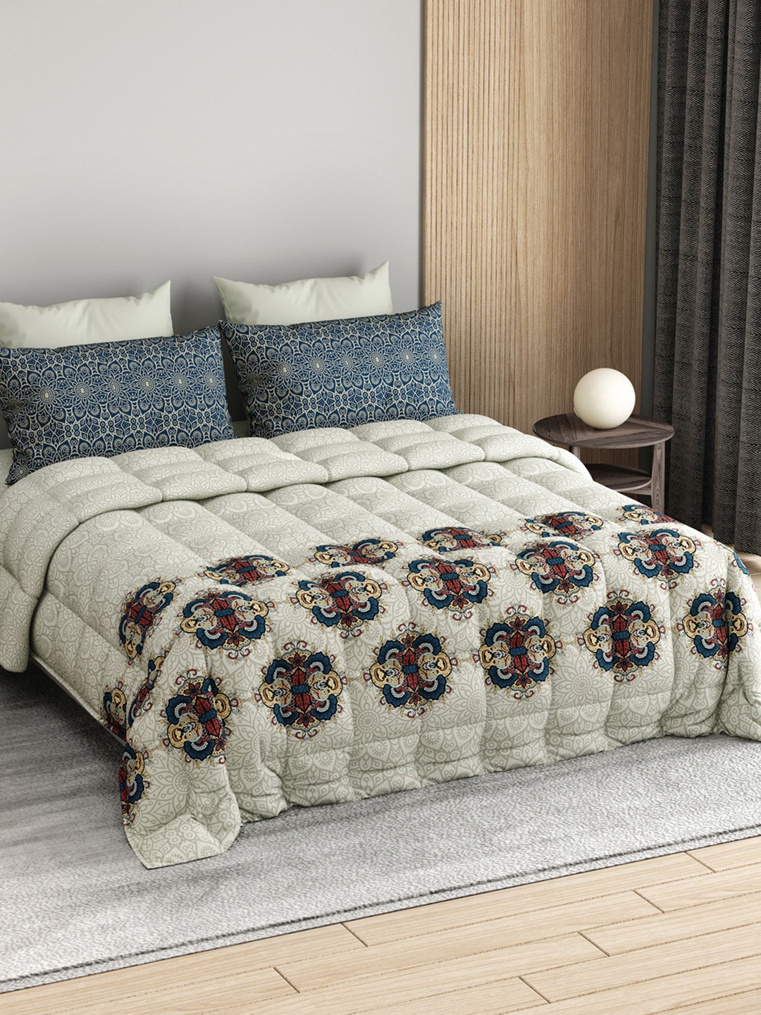 

LABHAM Grey & Blue Printed Self Design Pure Cotton Double King Superfine Bedding Set