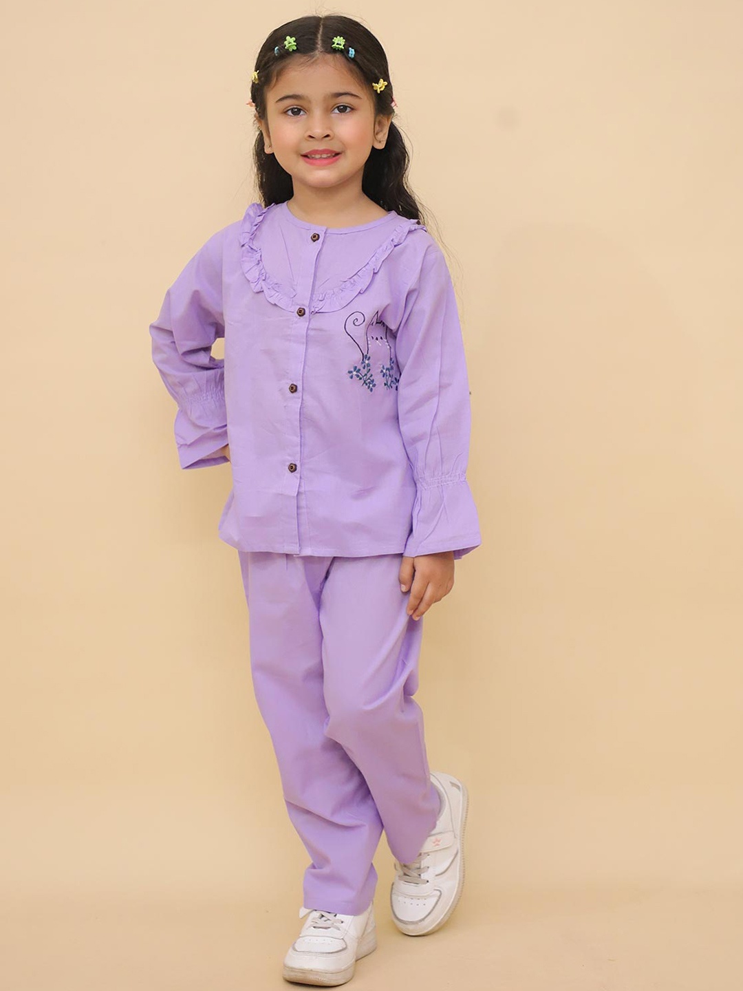 

LITTLE GINNIE Girls Cat Printed Pure Cotton Night Suit Set, Purple