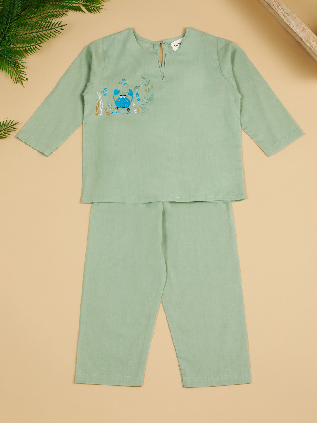

LITTLE GINNIE Kids Crab Printed Pure Cotton Night Suit Set, Green