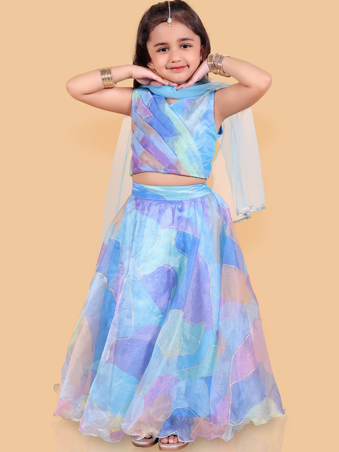 

BAESD Girls Abstract Printed Ready to Wear Organza Lehenga & Blouse With Dupatta, Blue